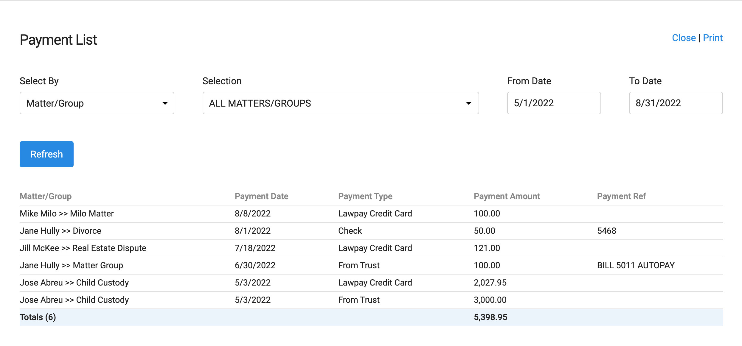 payment list screenshot